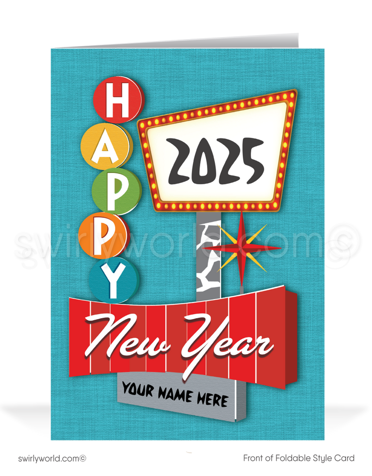 Retro Mid-Century Modern Happy New Year Card with 1950s Neon Diner Sign Design and Vintage Typography