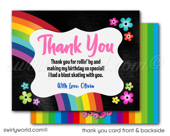 Retro Flower Power 60s-70s Style Roller Rink Birthday Invitation Set - Customizable Printed