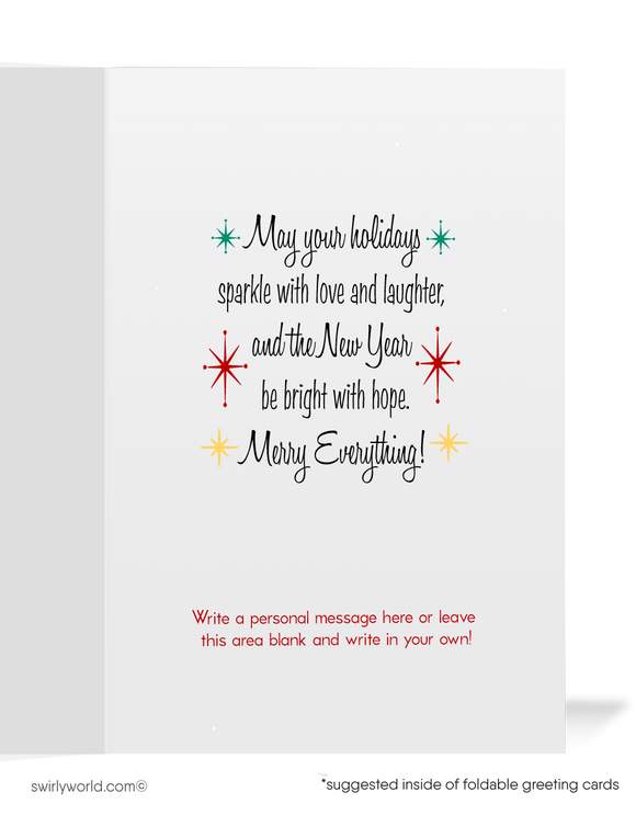 Vintage Christmas cards with a joyful angel, "NOEL" in festive script, and retro starbursts on a golden backdrop. Personalize with a message for a warm holiday touch.