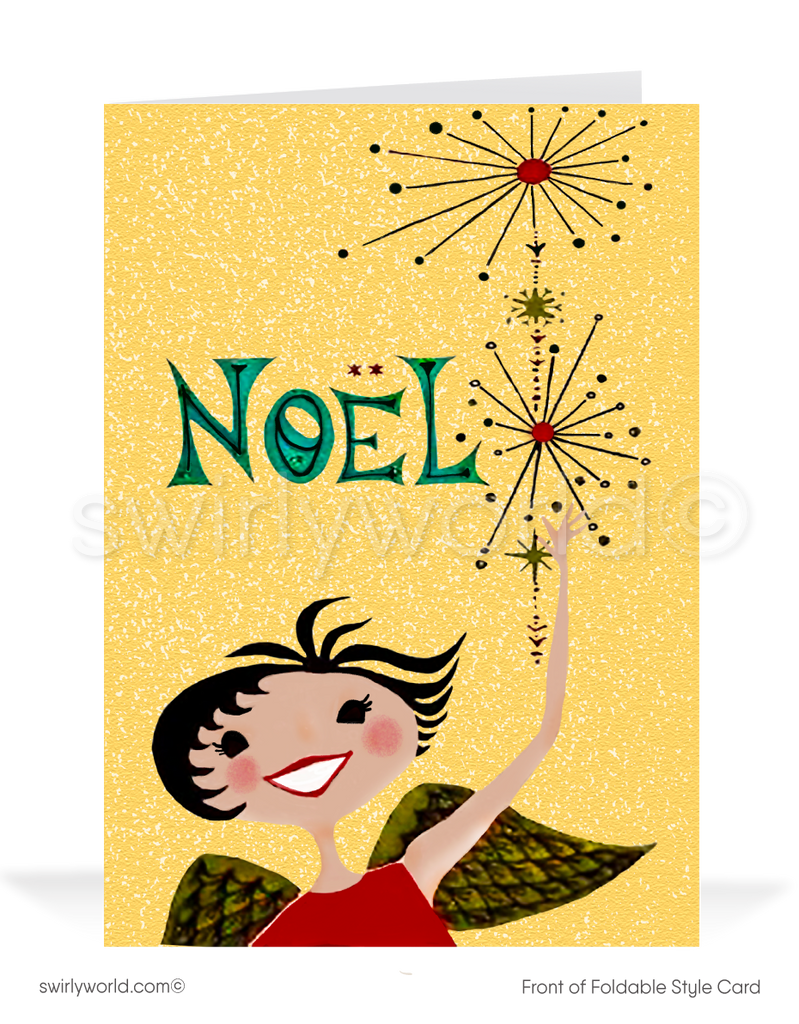 Vintage Christmas cards with a joyful angel, "NOEL" in festive script, and retro starbursts on a golden backdrop. Personalize with a message for a warm holiday touch.