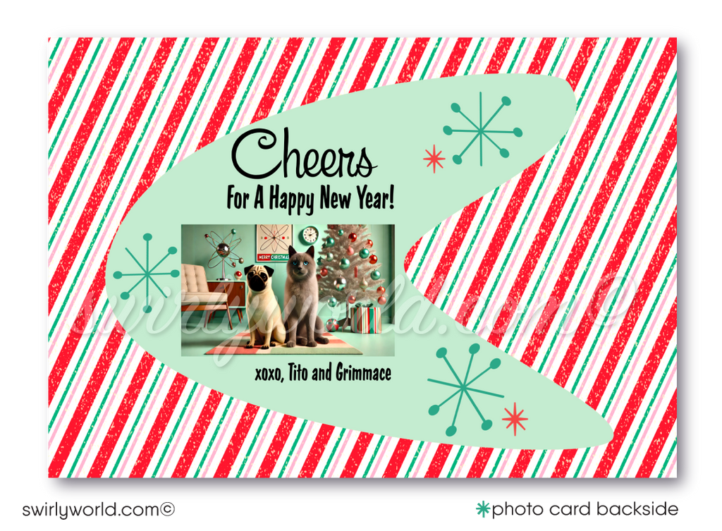 Celebrate the season with our 1950s-inspired holiday photo card! Features a kitschy atomic Santa, retro starbursts, and Corjl editing. Perfect for MCM lovers!