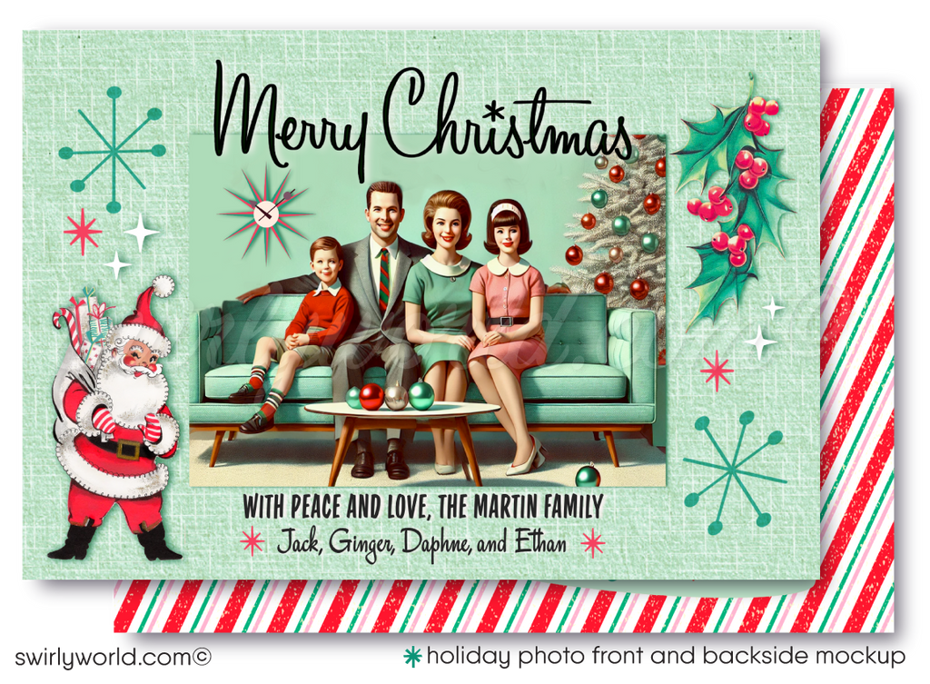 Celebrate the season with our 1950s-inspired holiday photo card! Features a kitschy atomic Santa, retro starbursts, and Corjl editing. Perfect for MCM lovers!