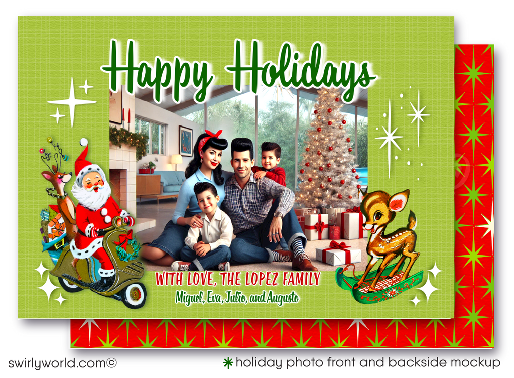 Send retro holiday cheer with our Family Photo Card featuring Santa on a Vespa and a kitschy deer! Classic MCM design, atomic starbursts, and vintage flair.