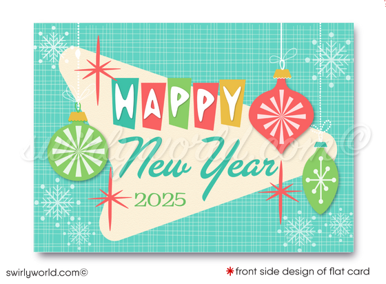 Ring in 2025 with a retro touch! Mid-Century Modern Happy New Year Card featuring MCM motifs, starbursts, and classic colors. Fully customizable via Corjl!