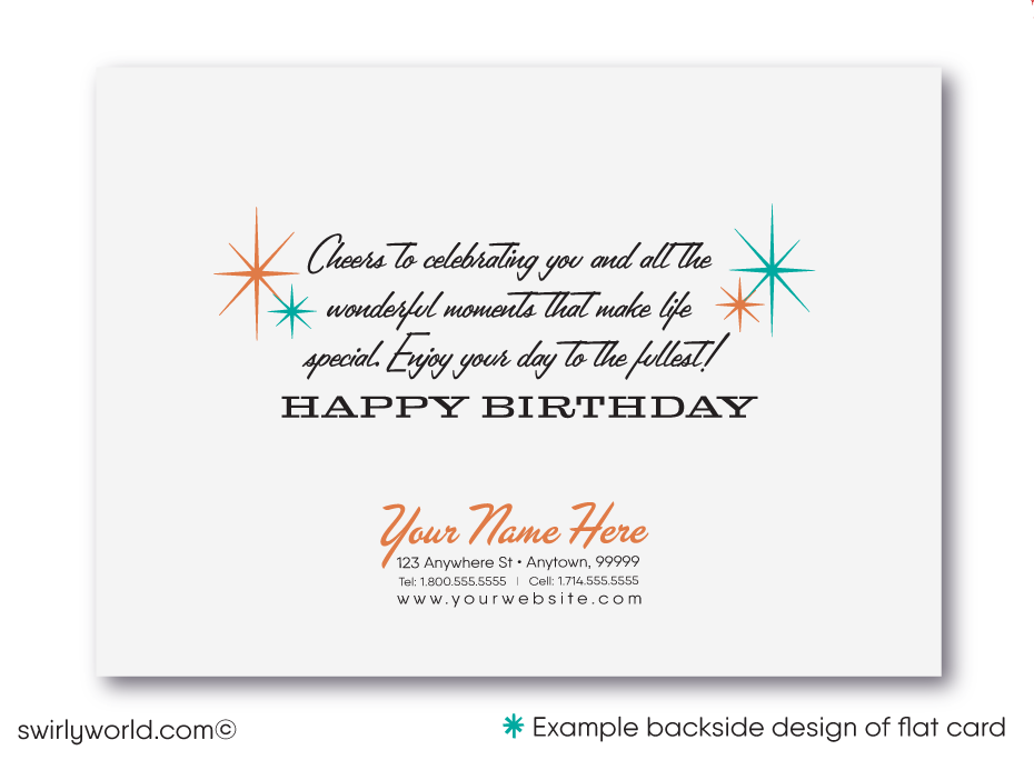 Celebrate your clients' special day with our unique 1950s retro mid-century modern Happy Birthday card. Featuring an aqua blue and orange color palette, retro-style lettering, and atomic starbursts on a diamond-shaped background. Available as folded or flat cards, printed on thick card stock with matching envelopes. Upgrade to customized envelopes with your logo for a professional touch.