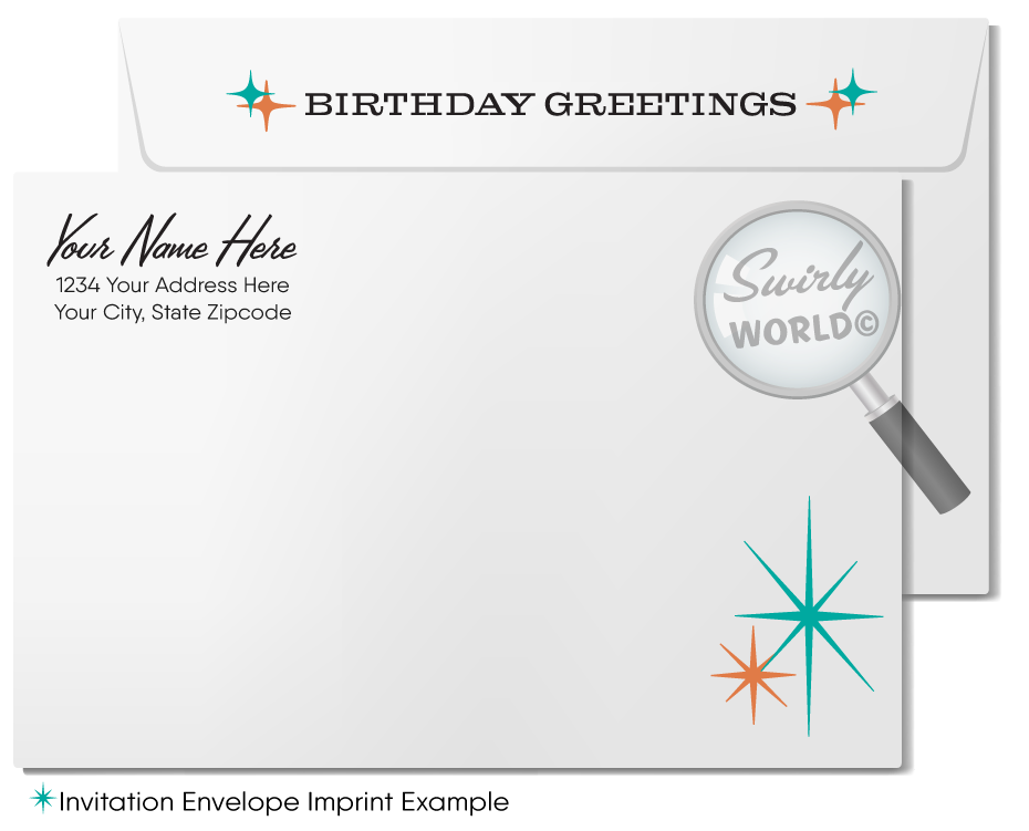 Celebrate your clients' special day with our unique 1950s retro mid-century modern Happy Birthday card. Featuring an aqua blue and orange color palette, retro-style lettering, and atomic starbursts on a diamond-shaped background. Available as folded or flat cards, printed on thick card stock with matching envelopes. Upgrade to customized envelopes with your logo for a professional touch.