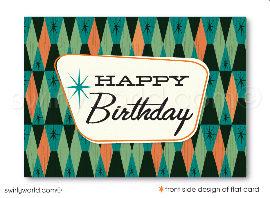 Celebrate your clients' special day with our unique 1950s retro mid-century modern Happy Birthday card. Featuring an aqua blue and orange color palette, retro-style lettering, and atomic starbursts on a diamond-shaped background. Available as folded or flat cards, printed on thick card stock with matching envelopes. Upgrade to customized envelopes with your logo for a professional touch.