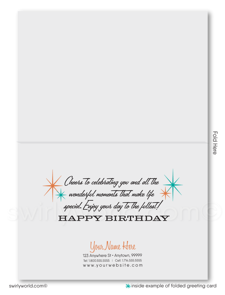 Celebrate your clients' special day with our unique 1950s retro mid-century modern Happy Birthday card. Featuring an aqua blue and orange color palette, retro-style lettering, and atomic starbursts on a diamond-shaped background. Available as folded or flat cards, printed on thick card stock with matching envelopes. Upgrade to customized envelopes with your logo for a professional touch.