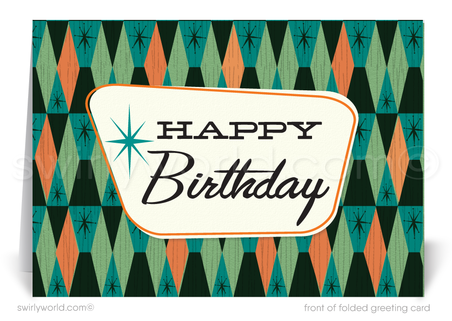 Celebrate your clients' special day with our unique 1950s retro mid-century modern Happy Birthday card. Featuring an aqua blue and orange color palette, retro-style lettering, and atomic starbursts on a diamond-shaped background. Available as folded or flat cards, printed on thick card stock with matching envelopes. Upgrade to customized envelopes with your logo for a professional touch.