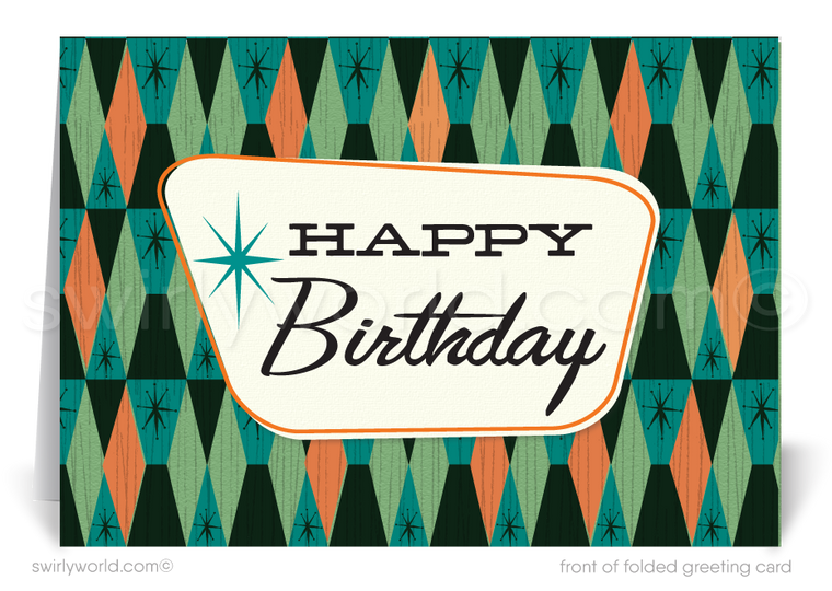 Celebrate your clients' special day with our unique 1950s retro mid-century modern Happy Birthday card. Featuring an aqua blue and orange color palette, retro-style lettering, and atomic starbursts on a diamond-shaped background. Available as folded or flat cards, printed on thick card stock with matching envelopes. Upgrade to customized envelopes with your logo for a professional touch.