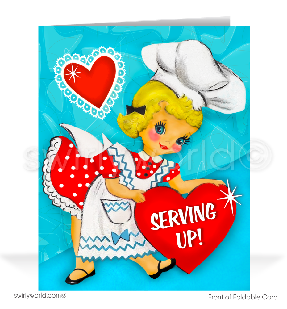 Celebrate Valentine's Day with a 1950s-inspired kitschy chef card! Featuring retro artwork, atomic starbursts, and a sweet message, perfect for sharing joy.