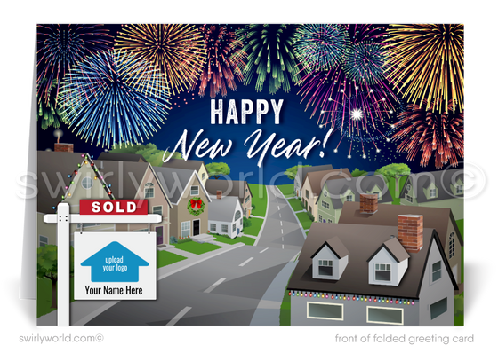 Celebrate with charm! Our Realtor Happy New Year Cards feature festive homes, fireworks, and customizable space for your logo, perfect for branding and connections.