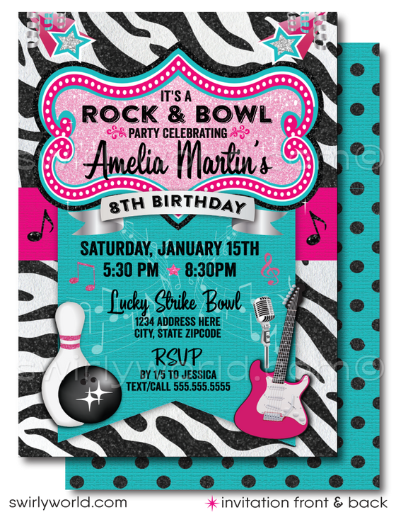 Step into the spotlight with our Rock and Bowl Karaoke Birthday Party Invitation Set! Perfect for tween girls who love bowling and rock 'n' roll. Vibrant hot pink, teal, silver, and black designs with zebra print, retro mic, guitar, and bowling motifs. Editable text, instant download. Matching thank you cards included!