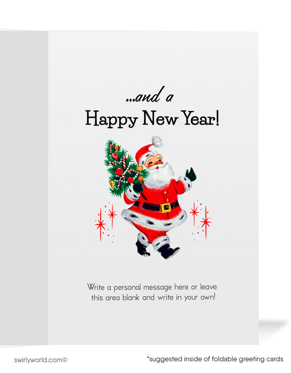 Vintage Christmas Card – Kitschy Santa with Reindeer Singing "We Wish You a Merry Christmas"