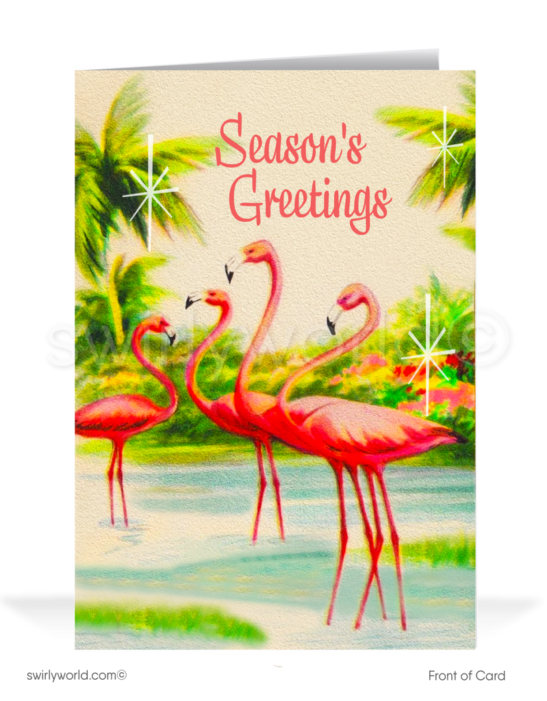 Tropical Vintage Christmas Card with Pink Flamingos, Palm Trees, Retro Atomic Starbursts, and 1950s Mid-Century Modern Design