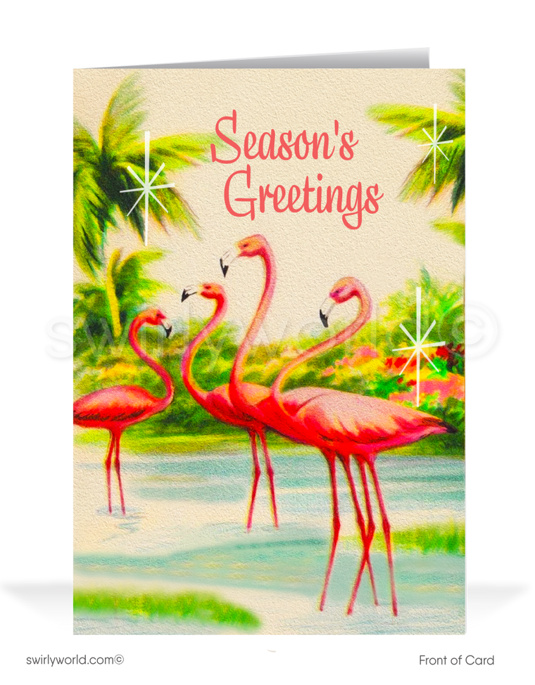 Tropical Vintage Christmas Card with Pink Flamingos, Palm Trees, Retro Atomic Starbursts, and 1950s Mid-Century Modern Design