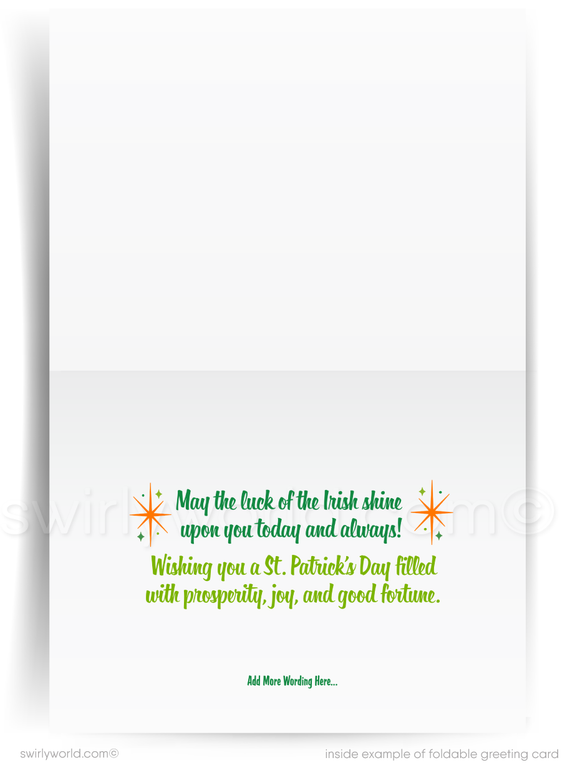 Show your clients appreciation with sleek mid-century modern St. Patrick’s Day cards featuring retro shamrocks, boomerangs & atomic starbursts. Customizable & stylish!