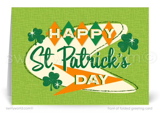 Show your clients appreciation with sleek mid-century modern St. Patrick’s Day cards featuring retro shamrocks, boomerangs & atomic starbursts. Customizable & stylish!