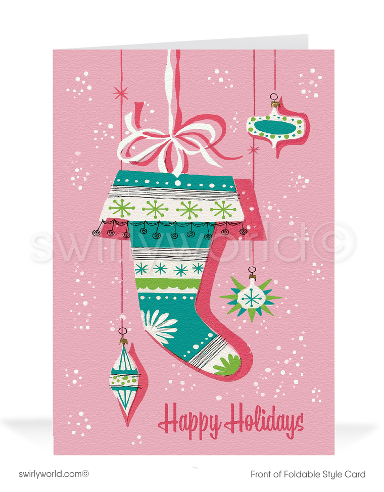 Atomic Starbursts Retro Pink Mid-Century Modern Vintage MCM Christmas Holiday Cards