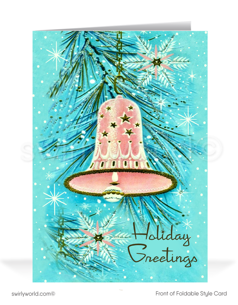 Vintage Atomic Era Christmas Card - 1950s Pink Bell on Retro Tree with Starbursts & Snowflakes