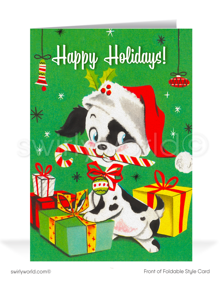 Celebrate the holidays with a vintage 1950s-style Christmas card featuring a kitschy puppy holding a candy cane. Retro charm and nostalgic holiday cheer!