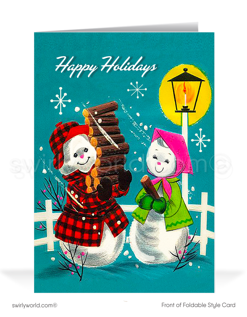 Celebrate the holidays with a vintage 1960s-inspired Christmas card featuring an adorable snowman couple in a classic mid-century design. Nostalgic and charming!