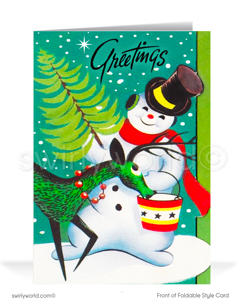 Vintage 1950s-1960s Christmas Card - Kitschy Snowman with Christmas Tree, MCM Reindeer & Atomic Starbursts