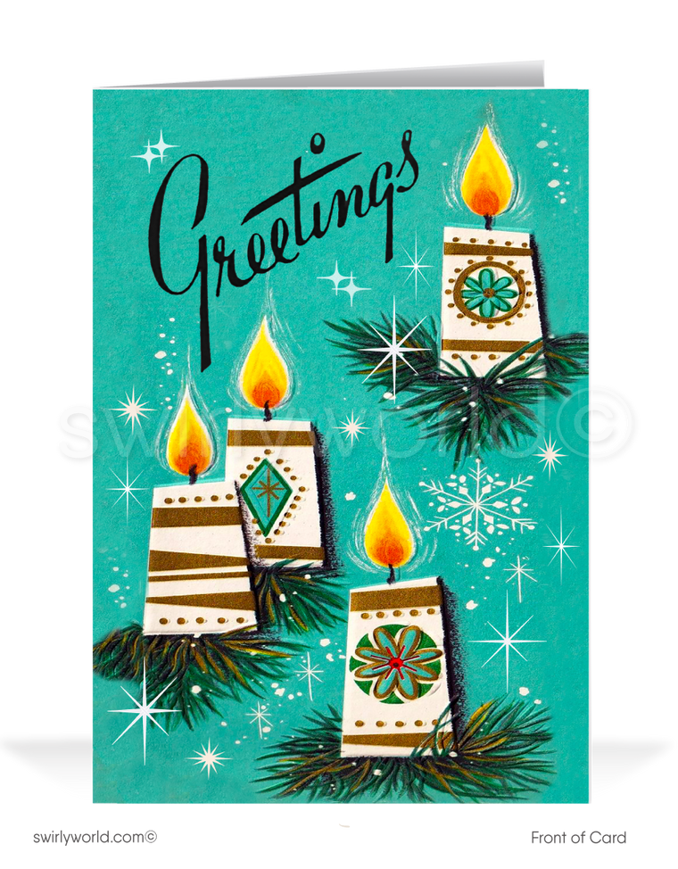 1950s-60s Vintage Mid-Century Christmas Card -Atomic Candles and Starbursts in MCM Colors