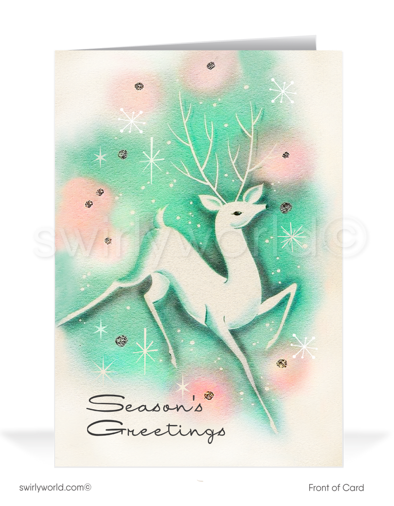 Vintage Christmas Card with 1950s White Deer, Pink & Aqua Mid-Century Modern Design, Atomic Starbursts - Retro Holiday Charm