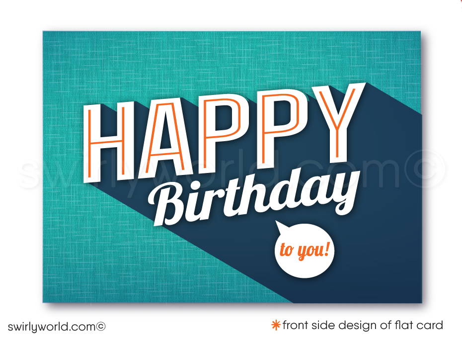 Celebrate your clients' special day with our exclusive Happy Birthday cards featuring retro-style typography on an orange cross-stitch pattern background. Choose between folded or flat cards. Printed on thick card stock with matching envelopes. Upgrade to customized envelopes with your logo for a professional touch.