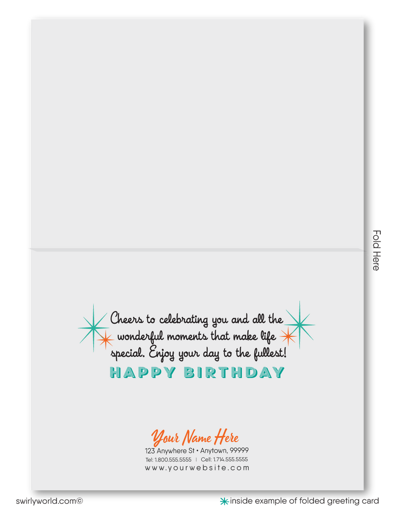 Celebrate your clients' special day with our exclusive Happy Birthday cards featuring retro-style typography on an orange cross-stitch pattern background. Choose between folded or flat cards. Printed on thick card stock with matching envelopes. Upgrade to customized envelopes with your logo for a professional touch.