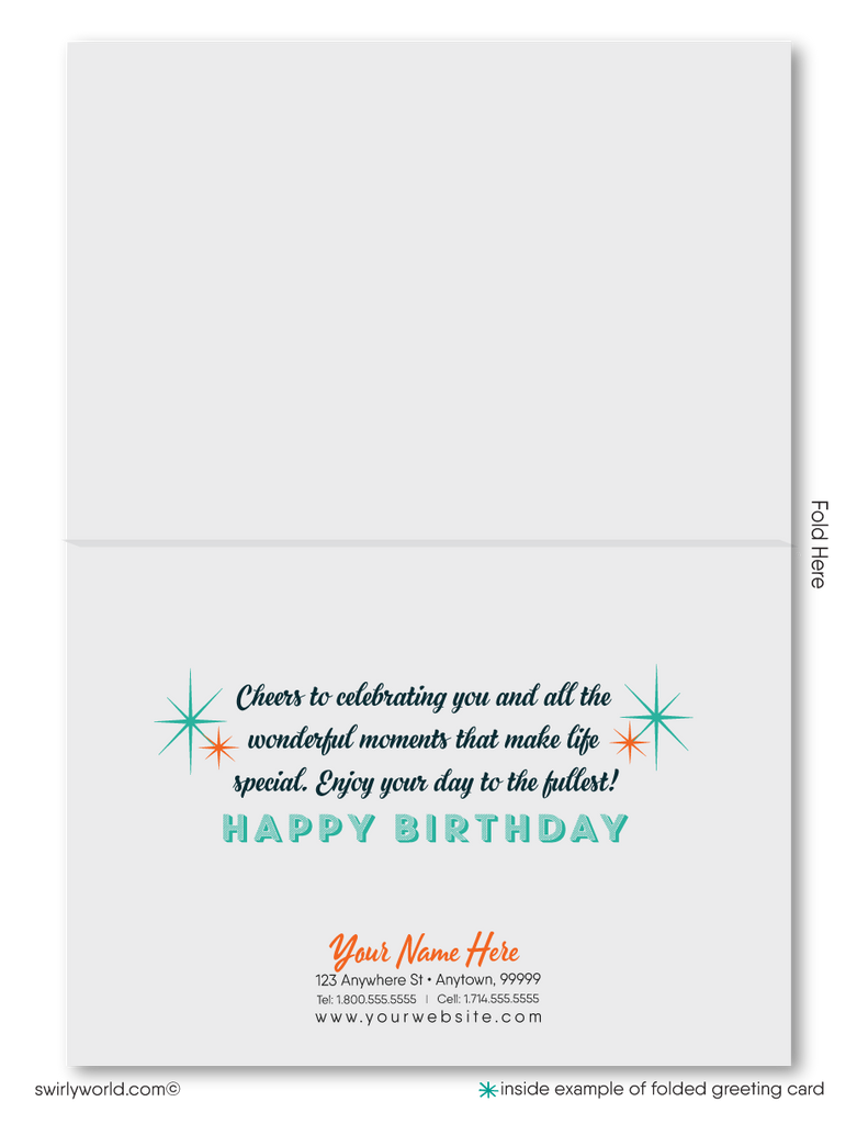 Celebrate your clients' special day with our exclusive Happy Birthday cards featuring retro-style typography on an orange cross-stitch pattern background. Choose between folded or flat cards. Printed on thick card stock with matching envelopes. Upgrade to customized envelopes with your logo for a professional touch.