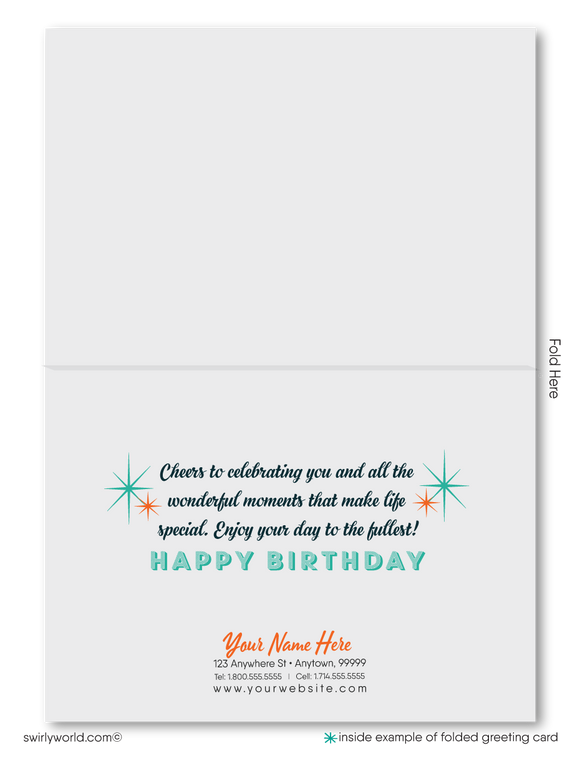 Celebrate your clients' special day with our exclusive Happy Birthday cards featuring retro-style typography on an orange cross-stitch pattern background. Choose between folded or flat cards. Printed on thick card stock with matching envelopes. Upgrade to customized envelopes with your logo for a professional touch.