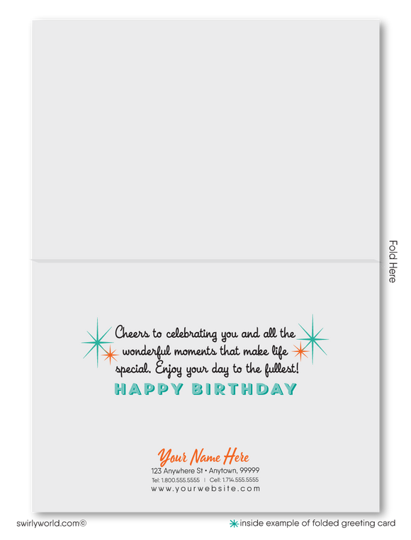 Celebrate your clients' special day with our exclusive Happy Birthday cards featuring retro-style typography on an orange cross-stitch pattern background. Choose between folded or flat cards. Printed on thick card stock with matching envelopes. Upgrade to customized envelopes with your logo for a professional touch.