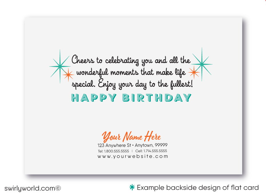 Celebrate your clients' special day with our exclusive Happy Birthday cards featuring retro-style typography on an orange cross-stitch pattern background. Choose between folded or flat cards. Printed on thick card stock with matching envelopes. Upgrade to customized envelopes with your logo for a professional touch.