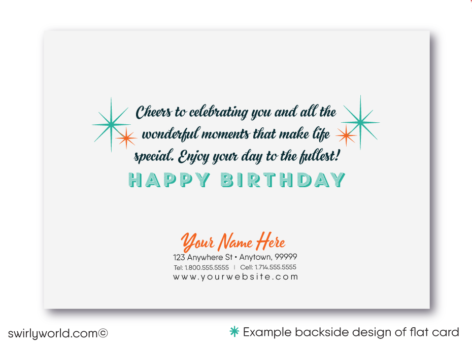 Celebrate your clients' special day with our exclusive Happy Birthday cards featuring retro-style typography on an orange cross-stitch pattern background. Choose between folded or flat cards. Printed on thick card stock with matching envelopes. Upgrade to customized envelopes with your logo for a professional touch.