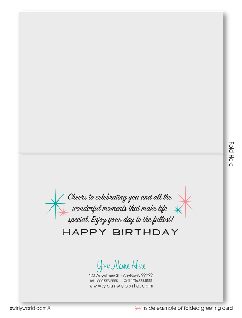 Celebrate your clients' special day with our unique 1950s retro mid-century modern Happy Birthday card. Featuring an aqua blue and pink color palette, retro-style lettering, and atomic starbursts. Available as folded or flat cards, printed on thick card stock with matching envelopes. Upgrade to customized envelopes with your logo for a professional touch.