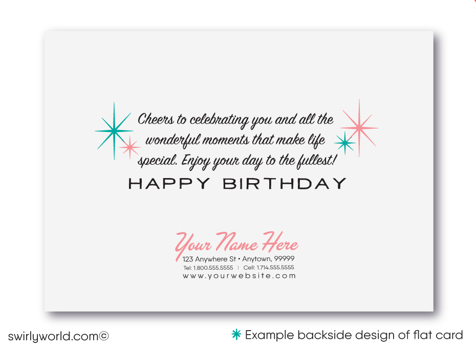 Celebrate your clients' special day with our unique 1950s retro mid-century modern Happy Birthday card. Featuring an aqua blue and pink color palette, retro-style lettering, and atomic starbursts. Available as folded or flat cards, printed on thick card stock with matching envelopes. Upgrade to customized envelopes with your logo for a professional touch.