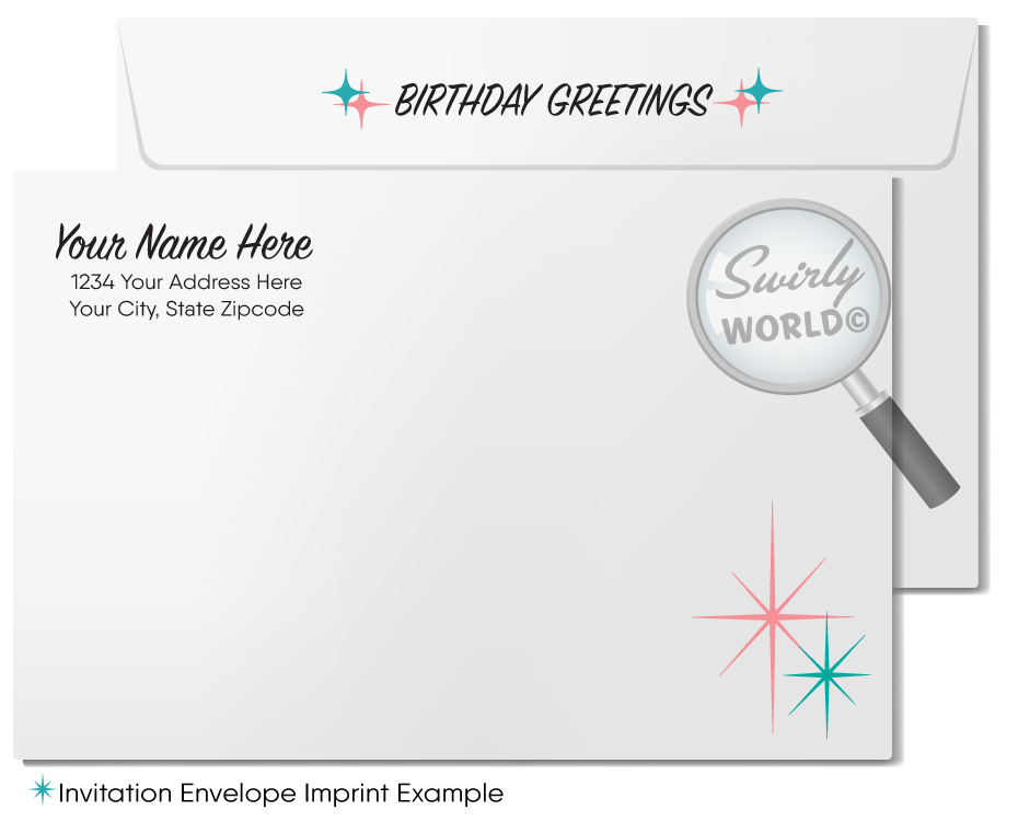 Celebrate your clients' special day with our unique 1950s retro mid-century modern Happy Birthday card. Featuring an aqua blue and pink color palette, retro-style lettering, and atomic starbursts. Available as folded or flat cards, printed on thick card stock with matching envelopes. Upgrade to customized envelopes with your logo for a professional touch.