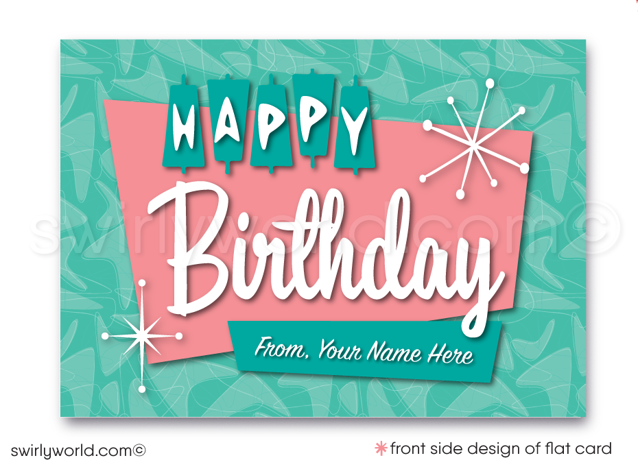 Celebrate your clients' special day with our unique 1950s retro mid-century modern Happy Birthday card. Featuring an aqua blue and pink color palette, retro-style lettering, and atomic starbursts. Available as folded or flat cards, printed on thick card stock with matching envelopes. Upgrade to customized envelopes with your logo for a professional touch.