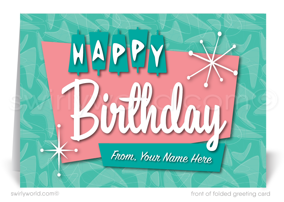 Celebrate your clients' special day with our unique 1950s retro mid-century modern Happy Birthday card. Featuring an aqua blue and pink color palette, retro-style lettering, and atomic starbursts. Available as folded or flat cards, printed on thick card stock with matching envelopes. Upgrade to customized envelopes with your logo for a professional touch.