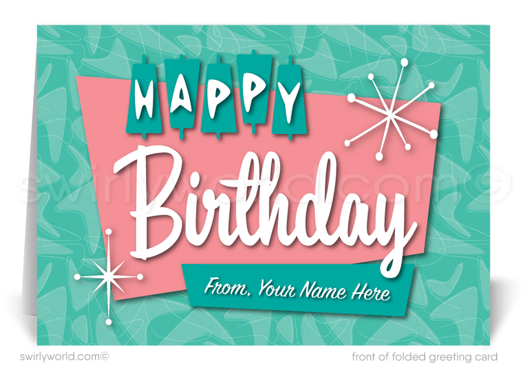 Celebrate your clients' special day with our unique 1950s retro mid-century modern Happy Birthday card. Featuring an aqua blue and pink color palette, retro-style lettering, and atomic starbursts. Available as folded or flat cards, printed on thick card stock with matching envelopes. Upgrade to customized envelopes with your logo for a professional touch.