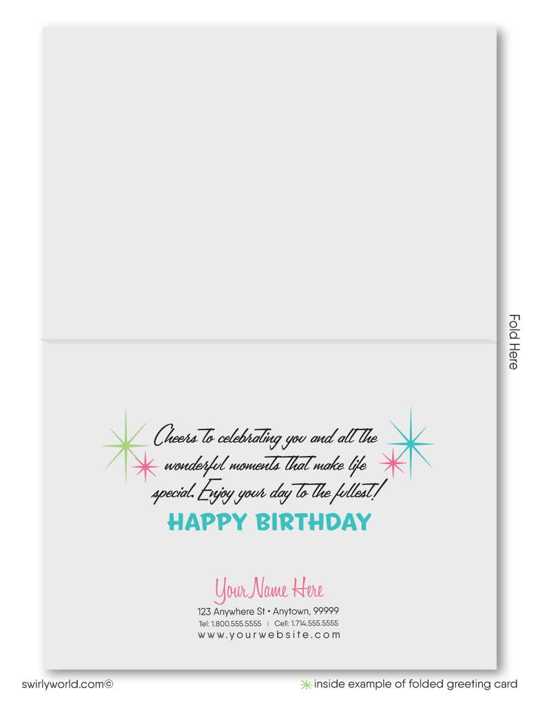 Celebrate your clients' special day with our 1950s retro mid-century modern Happy Birthday card. Featuring an aqua blue, pink, and green color palette, retro-style lettering, and atomic starbursts on a boomerang amoeba-shaped background. Available as folded or flat cards, printed on thick card stock with matching envelopes. Upgrade to customized envelopes with your logo for a professional touch.