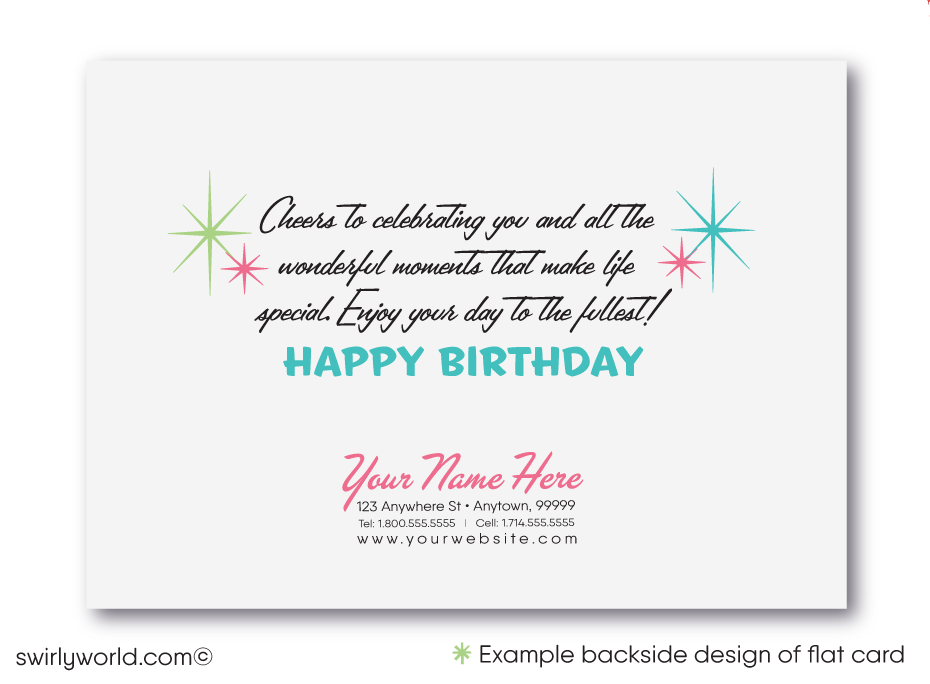 Celebrate your clients' special day with our 1950s retro mid-century modern Happy Birthday card. Featuring an aqua blue, pink, and green color palette, retro-style lettering, and atomic starbursts on a boomerang amoeba-shaped background. Available as folded or flat cards, printed on thick card stock with matching envelopes. Upgrade to customized envelopes with your logo for a professional touch.