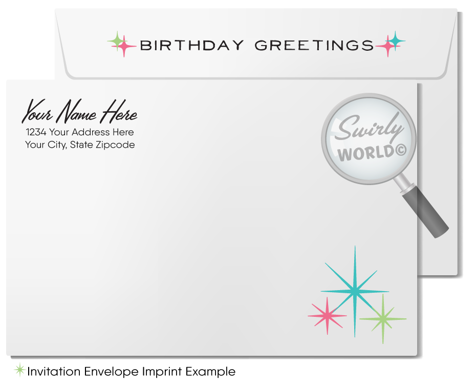 Celebrate your clients' special day with our 1950s retro mid-century modern Happy Birthday card. Featuring an aqua blue, pink, and green color palette, retro-style lettering, and atomic starbursts on a boomerang amoeba-shaped background. Available as folded or flat cards, printed on thick card stock with matching envelopes. Upgrade to customized envelopes with your logo for a professional touch.