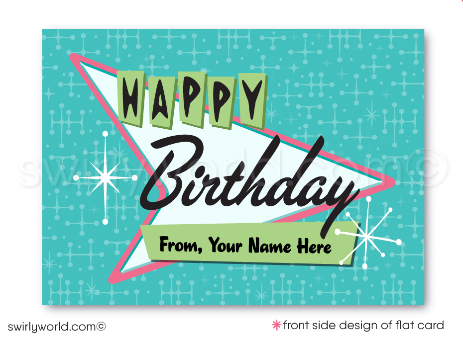 Celebrate your clients' special day with our 1950s retro mid-century modern Happy Birthday card. Featuring an aqua blue, pink, and green color palette, retro-style lettering, and atomic starbursts on a boomerang amoeba-shaped background. Available as folded or flat cards, printed on thick card stock with matching envelopes. Upgrade to customized envelopes with your logo for a professional touch.