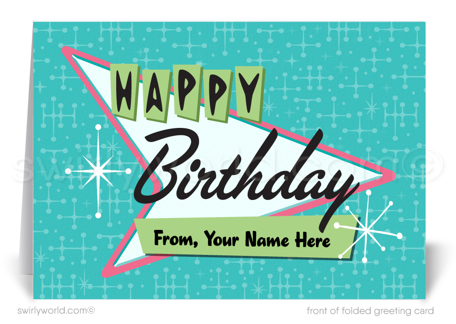 Celebrate your clients' special day with our 1950s retro mid-century modern Happy Birthday card. Featuring an aqua blue, pink, and green color palette, retro-style lettering, and atomic starbursts on a boomerang amoeba-shaped background. Available as folded or flat cards, printed on thick card stock with matching envelopes. Upgrade to customized envelopes with your logo for a professional touch.