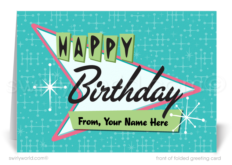 Celebrate your clients' special day with our 1950s retro mid-century modern Happy Birthday card. Featuring an aqua blue, pink, and green color palette, retro-style lettering, and atomic starbursts on a boomerang amoeba-shaped background. Available as folded or flat cards, printed on thick card stock with matching envelopes. Upgrade to customized envelopes with your logo for a professional touch.