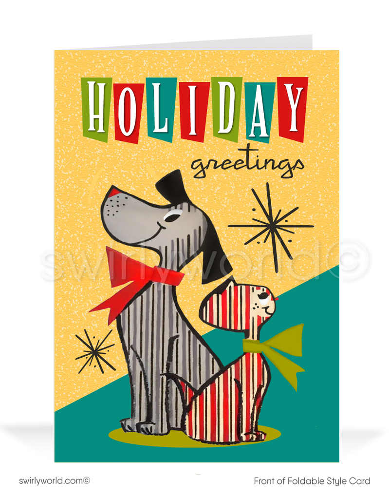 Share vintage holiday cheer with our retro Christmas card, featuring kitschy 1950s dog and cat characters. Customizable, with mid-century charm and premium matte finish.