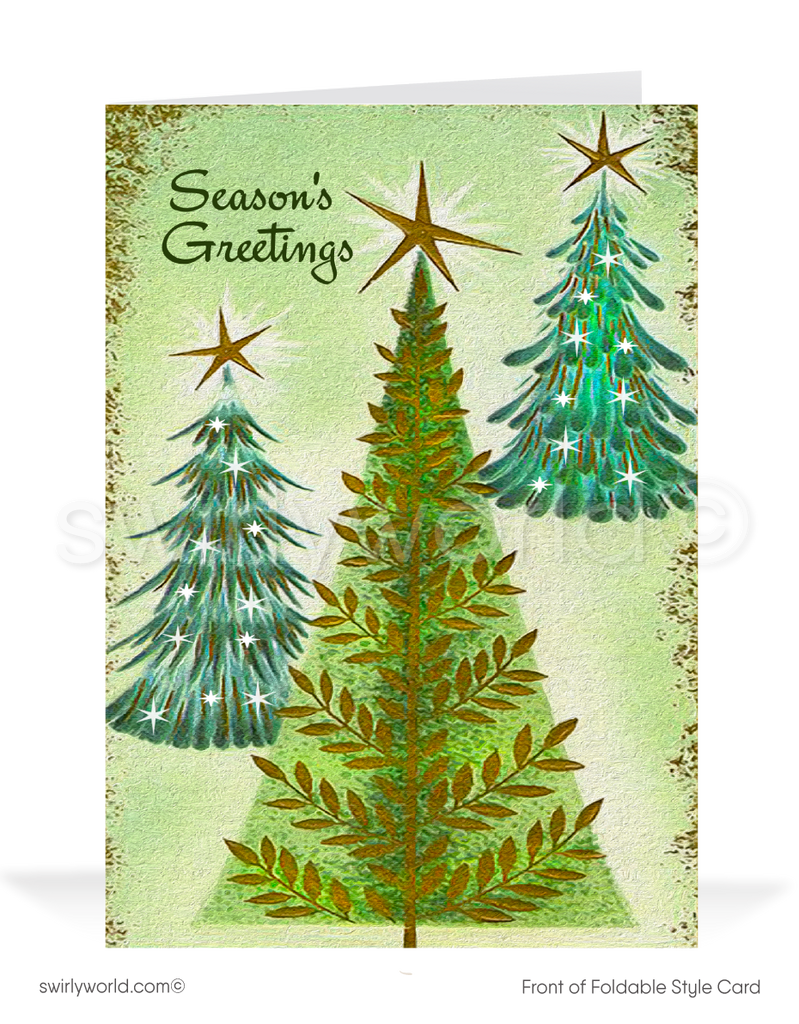 Swirly World: Vintage Christmas Card - Retro charm with Atomic Age 1960s Christmas trees and starbursts. Personalize for a nostalgic holiday greeting!